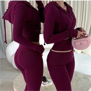 Hidden Cult Soft Knit Plum Set Full Zip Tie Hoodie & Foldover Pants Wide leg